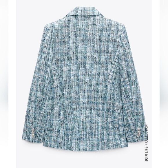 ZARA BLOGGERS FAV textured double blazer check tweed blue metallic chanelish s - Picture 8 of 9
